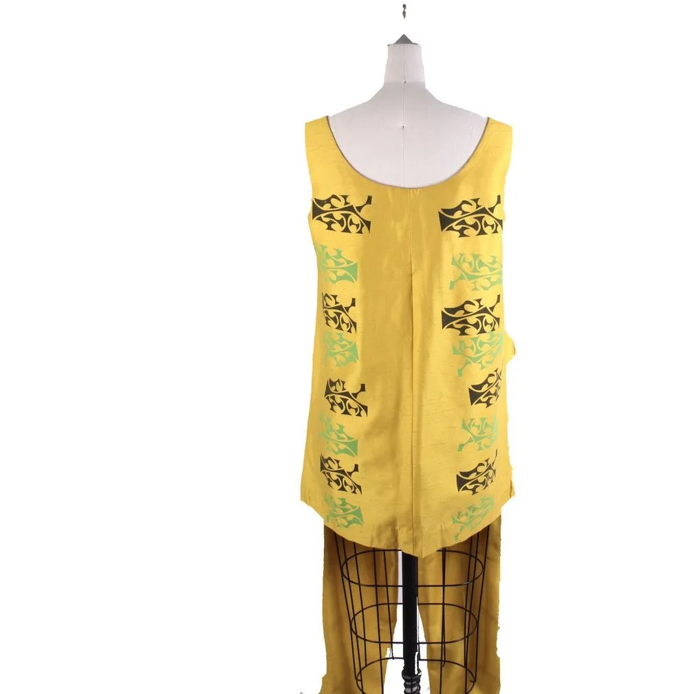 Vintage Tummey Hand Block Printed 1970s Pantsuit Yellow Tunic & Slacks S/M