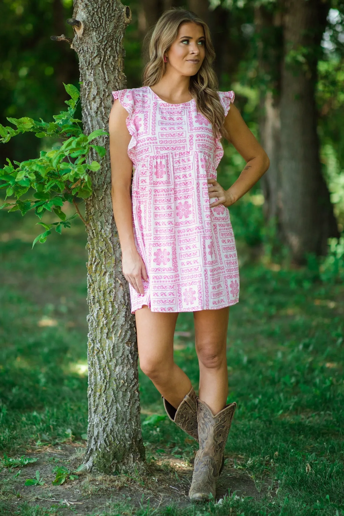 White and Pink Boho Print Ruffle Trim Dress