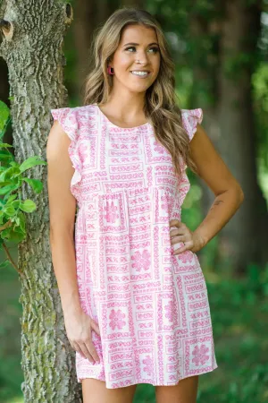 White and Pink Boho Print Ruffle Trim Dress