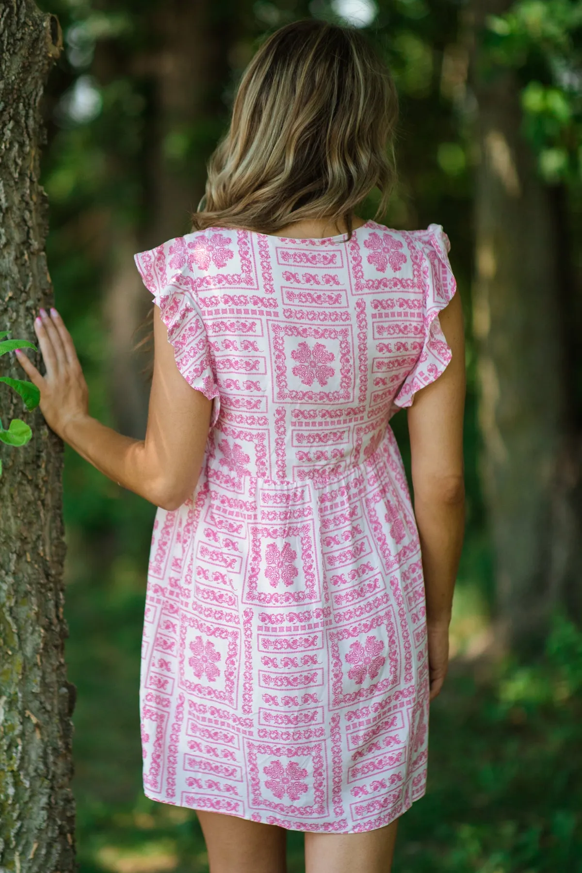 White and Pink Boho Print Ruffle Trim Dress