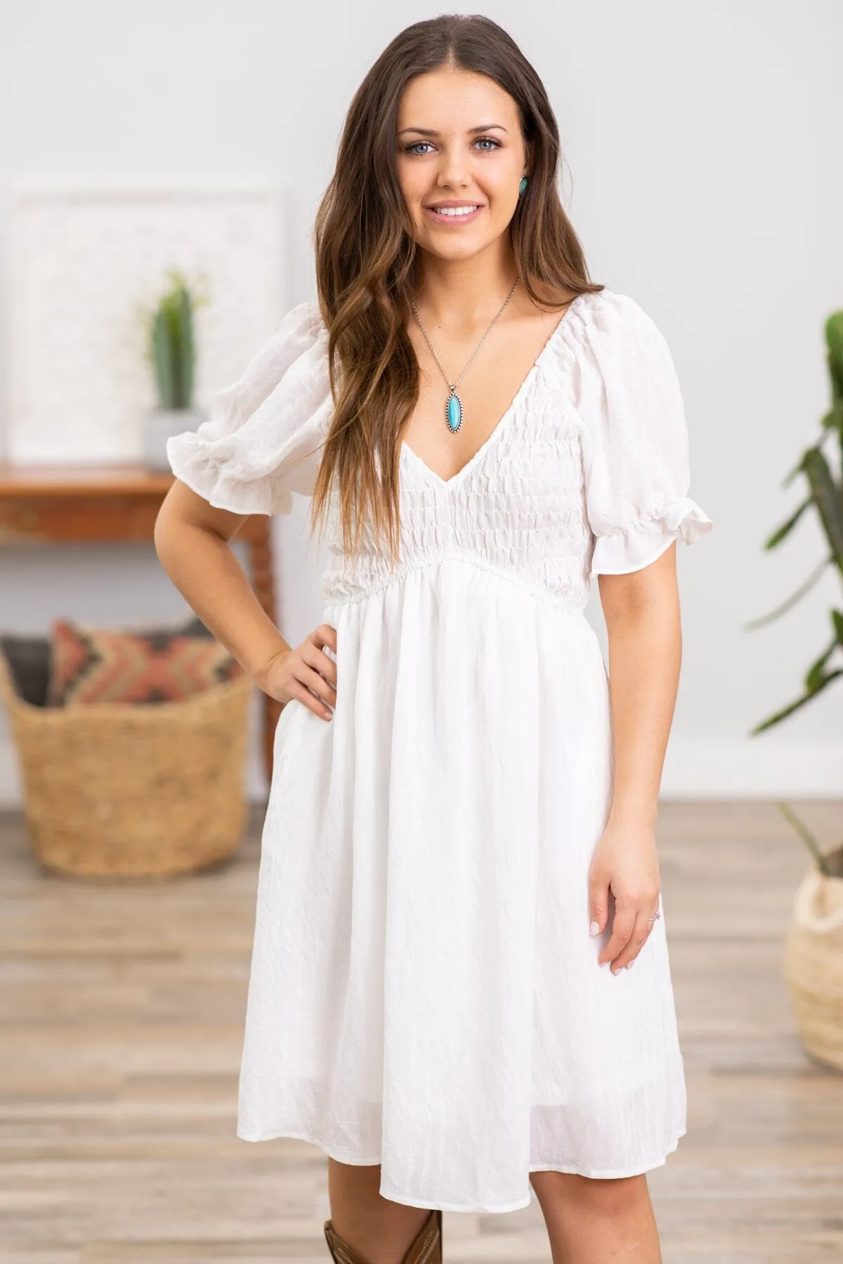 White Smocked Bodice Puff Sleeve Dress