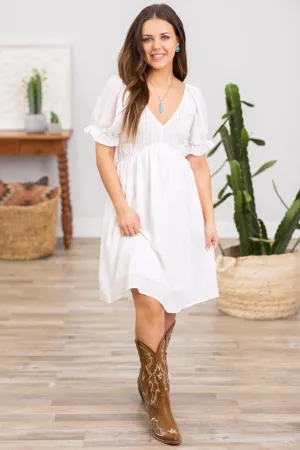 White Smocked Bodice Puff Sleeve Dress