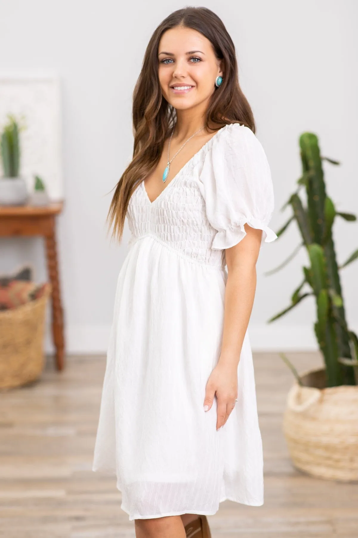White Smocked Bodice Puff Sleeve Dress