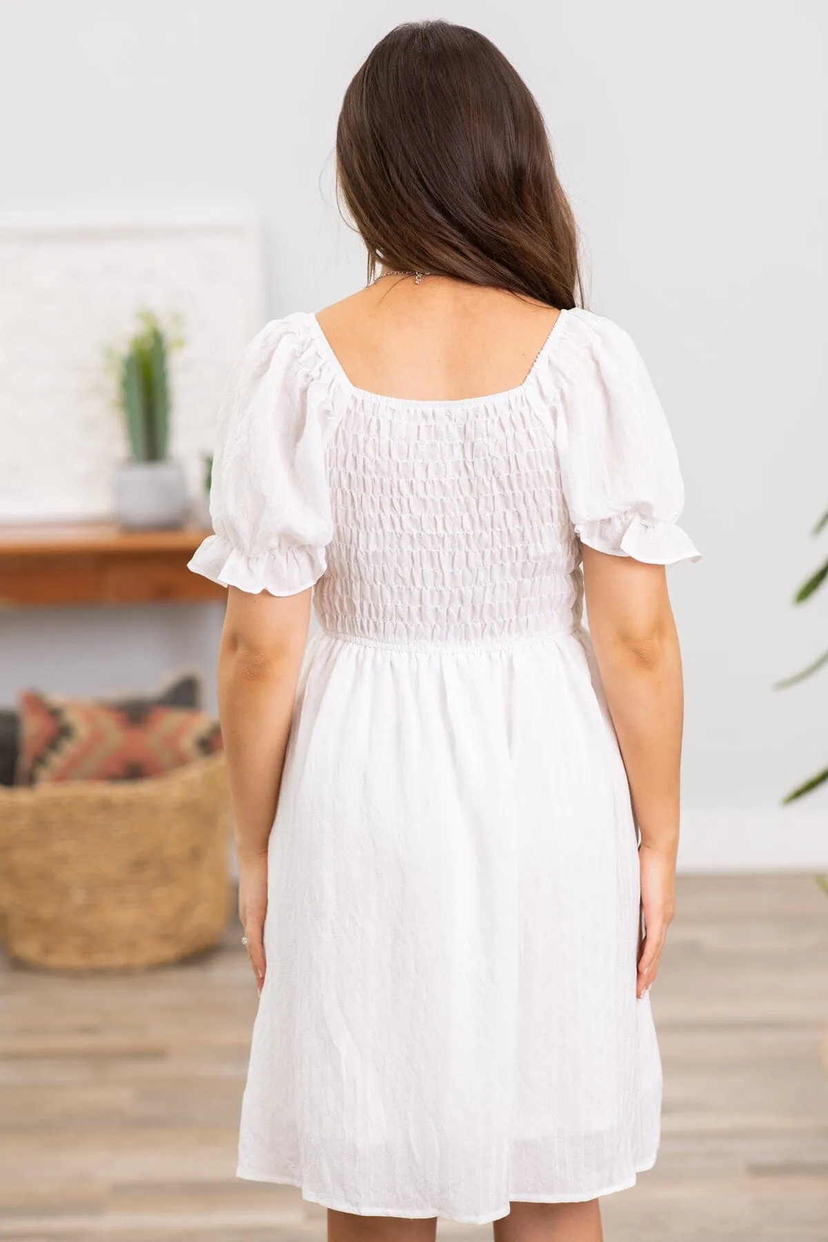 White Smocked Bodice Puff Sleeve Dress