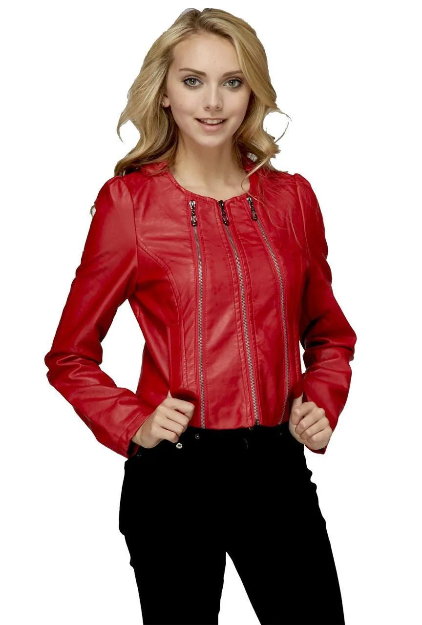 Womens Stylish Red 3 Zipper Faux Leather Jacket