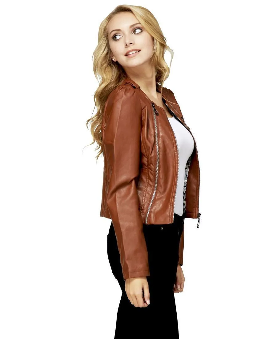 Womens Stylish White 3 Zipper Faux Leather Jacket