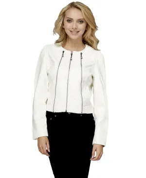 Womens Stylish White 3 Zipper Faux Leather Jacket